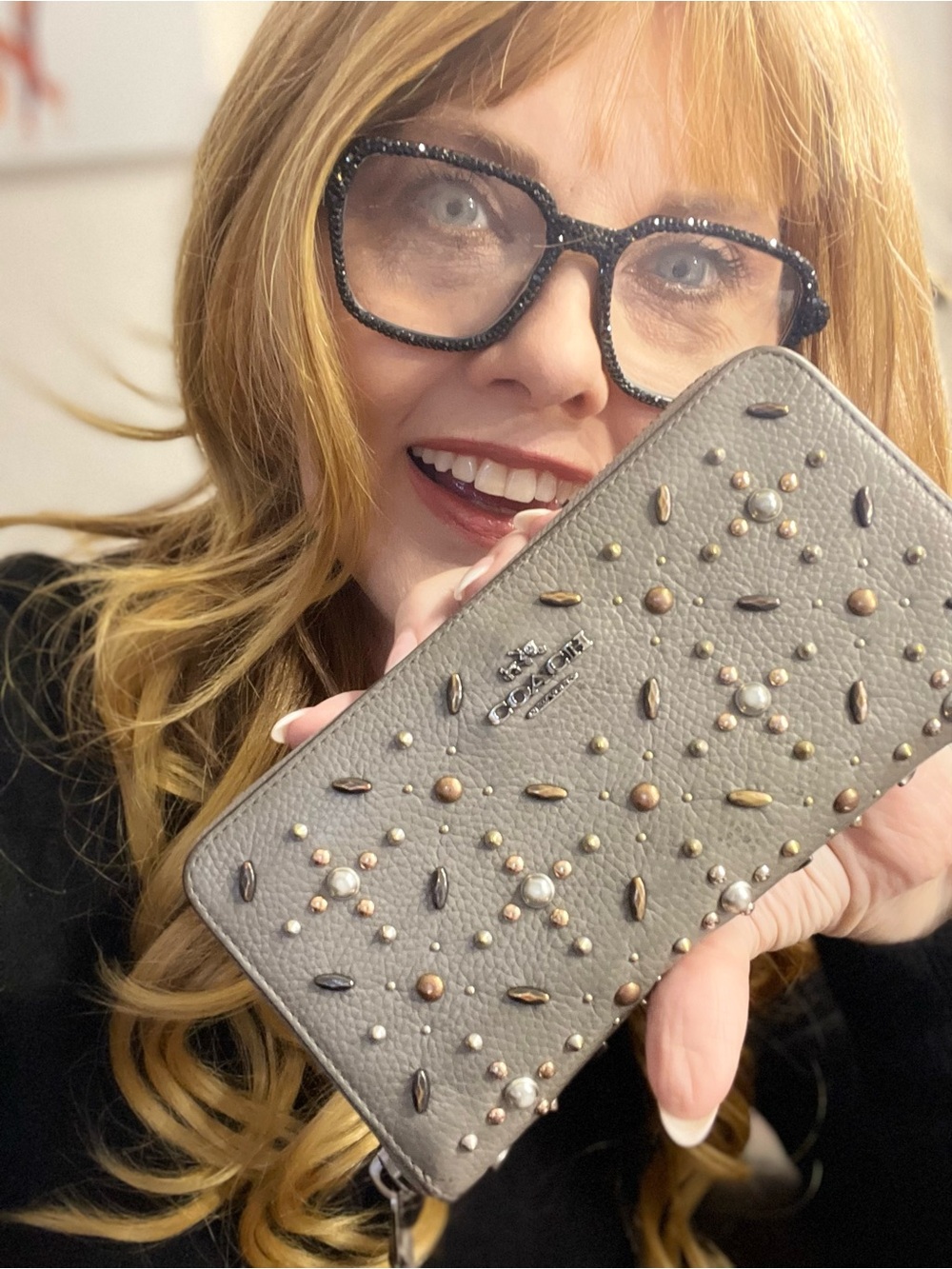 COACH Gray Pebble Leather Prairie Rivet Zip Around Wallet